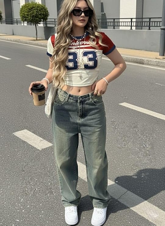 Y2K Graphic Crop Top for Women – Red & Beige Letter Print | Regular Fit Short Sleeve Round Neck | Summer Streetwear