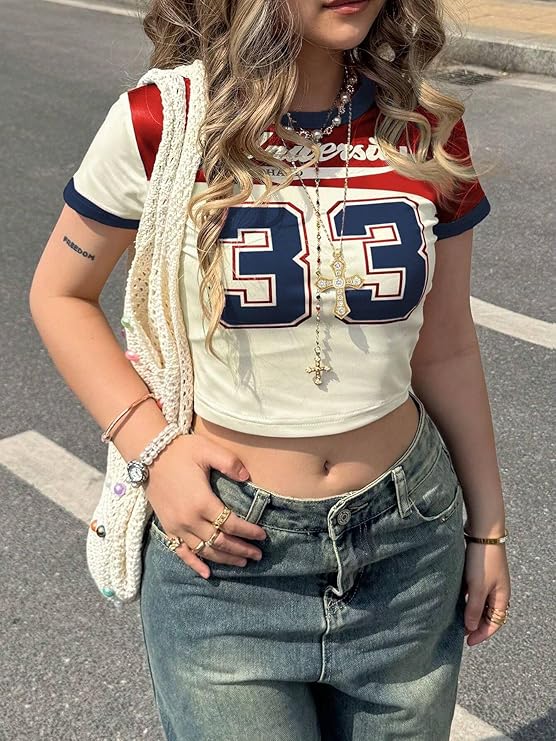 Y2K Graphic Crop Top for Women – Red & Beige Letter Print | Regular Fit Short Sleeve Round Neck | Summer Streetwear