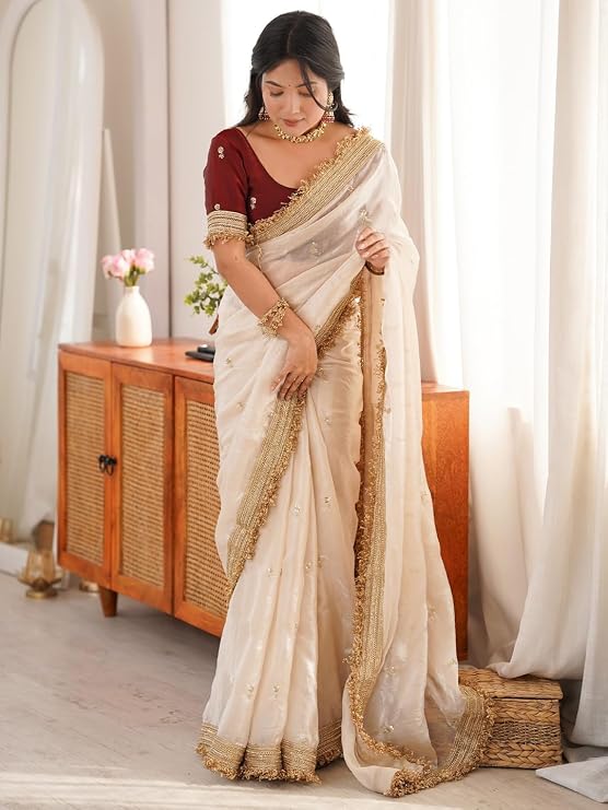 Elegant Satin Saree with Gold Zari, Sequin Embroidery & Lace Border – Off White | Includes Unstitched Blouse Piece