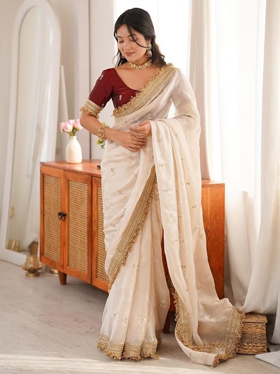 Elegant Satin Saree with Gold Zari, Sequin Embroidery & Lace Border – Off White | Includes Unstitched Blouse Piece