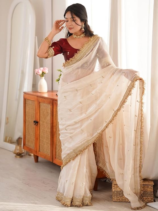 Elegant Satin Saree with Gold Zari, Sequin Embroidery & Lace Border – Off White | Includes Unstitched Blouse Piece