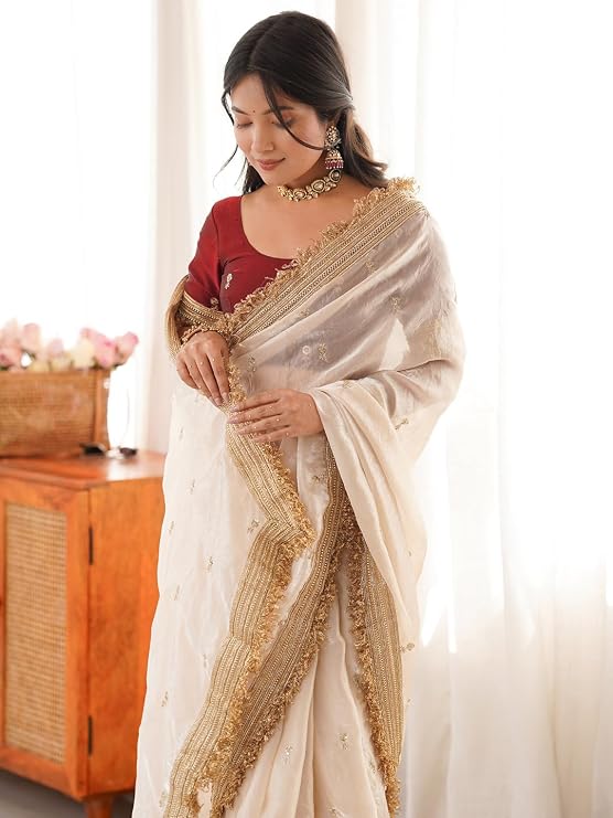 Elegant Satin Saree with Gold Zari, Sequin Embroidery & Lace Border – Off White | Includes Unstitched Blouse Piece