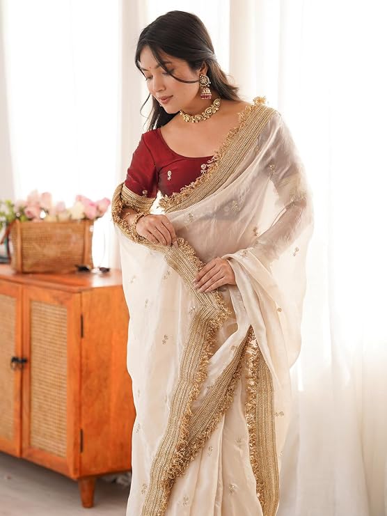 Elegant Satin Saree with Gold Zari, Sequin Embroidery & Lace Border – Off White | Includes Unstitched Blouse Piece