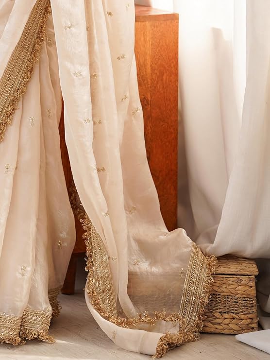 Elegant Satin Saree with Gold Zari, Sequin Embroidery & Lace Border – Off White | Includes Unstitched Blouse Piece